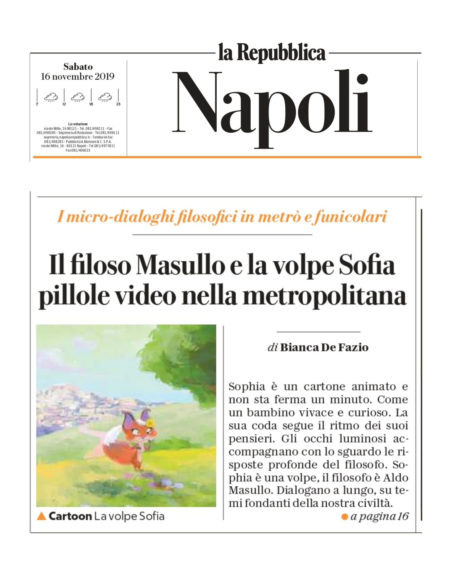 La Repubblica parla de La volpe Sophia 2019